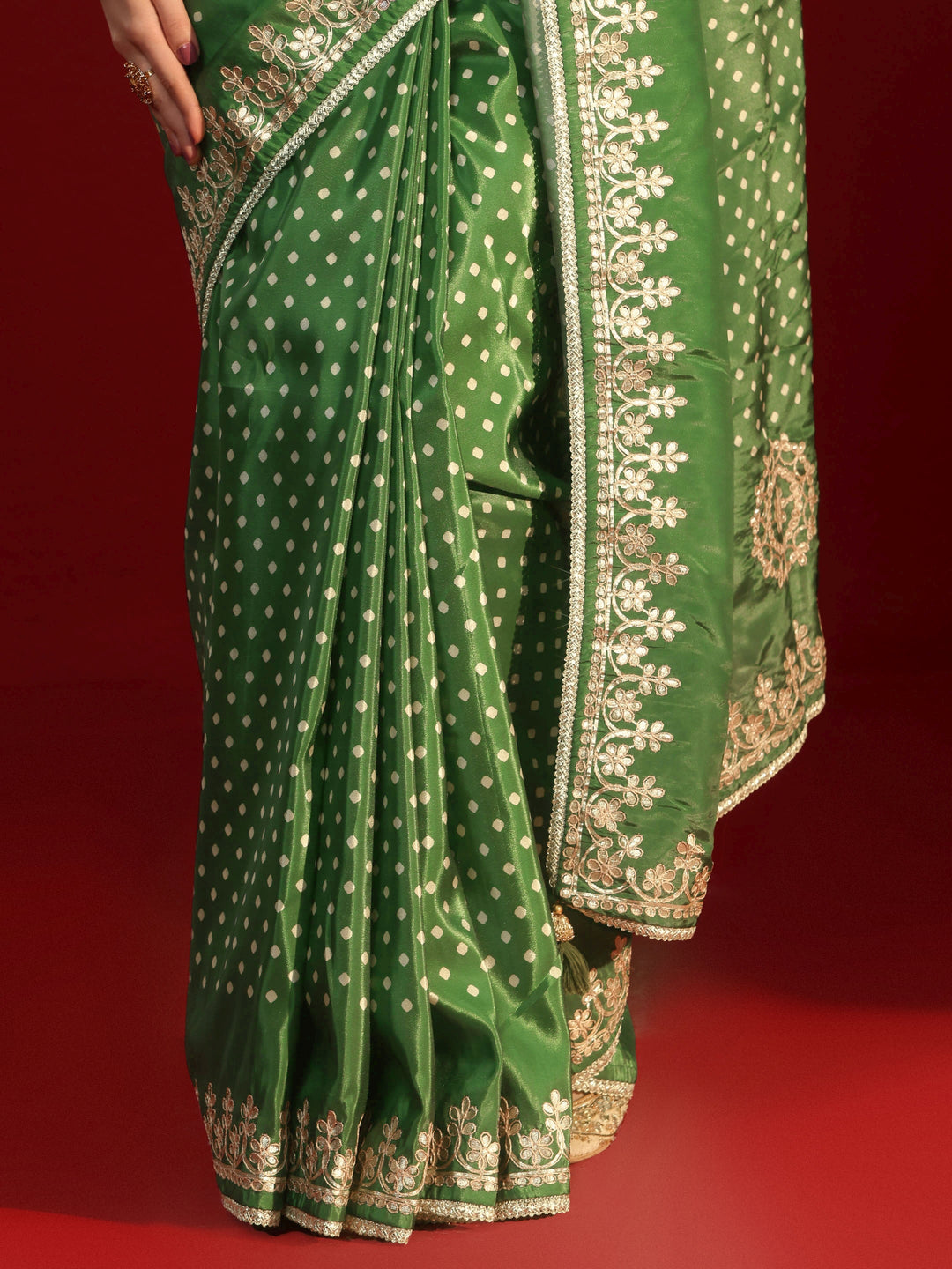 Libas Green Printed Satin Saree with Embroidered Border