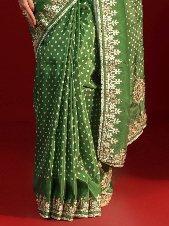 Libas Green Printed Satin Saree with Embroidered Border