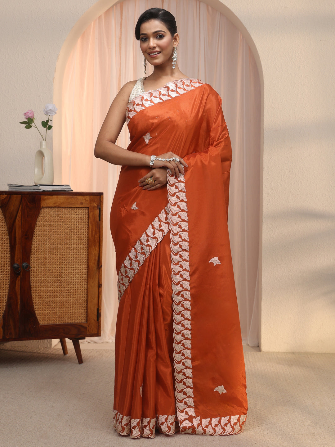 Libas Orange Embroidered Satin Saree