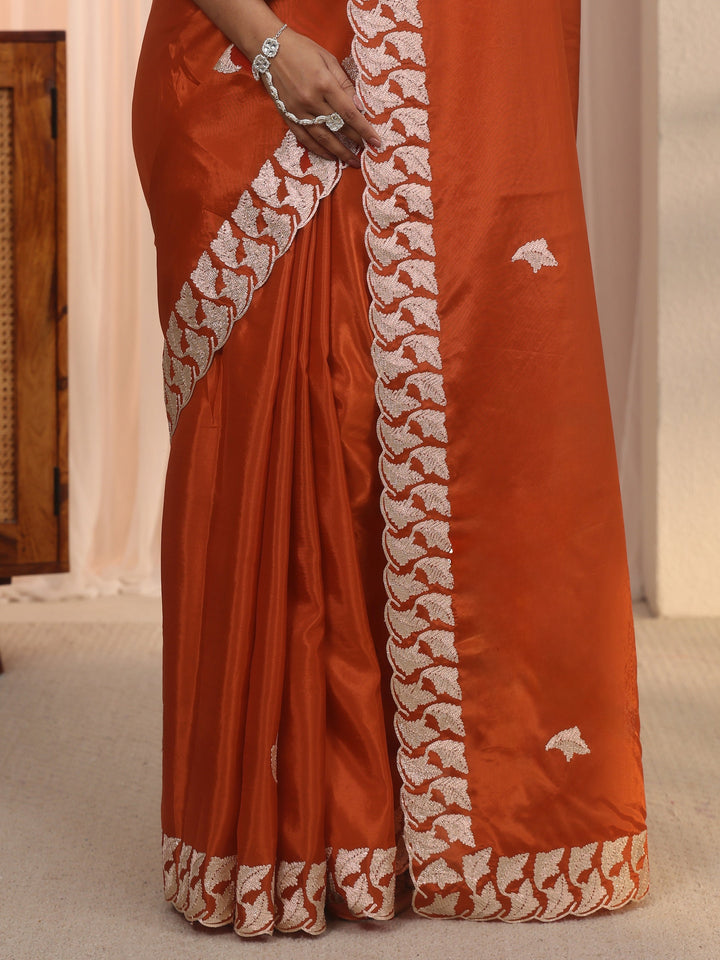 Libas Orange Embroidered Satin Saree