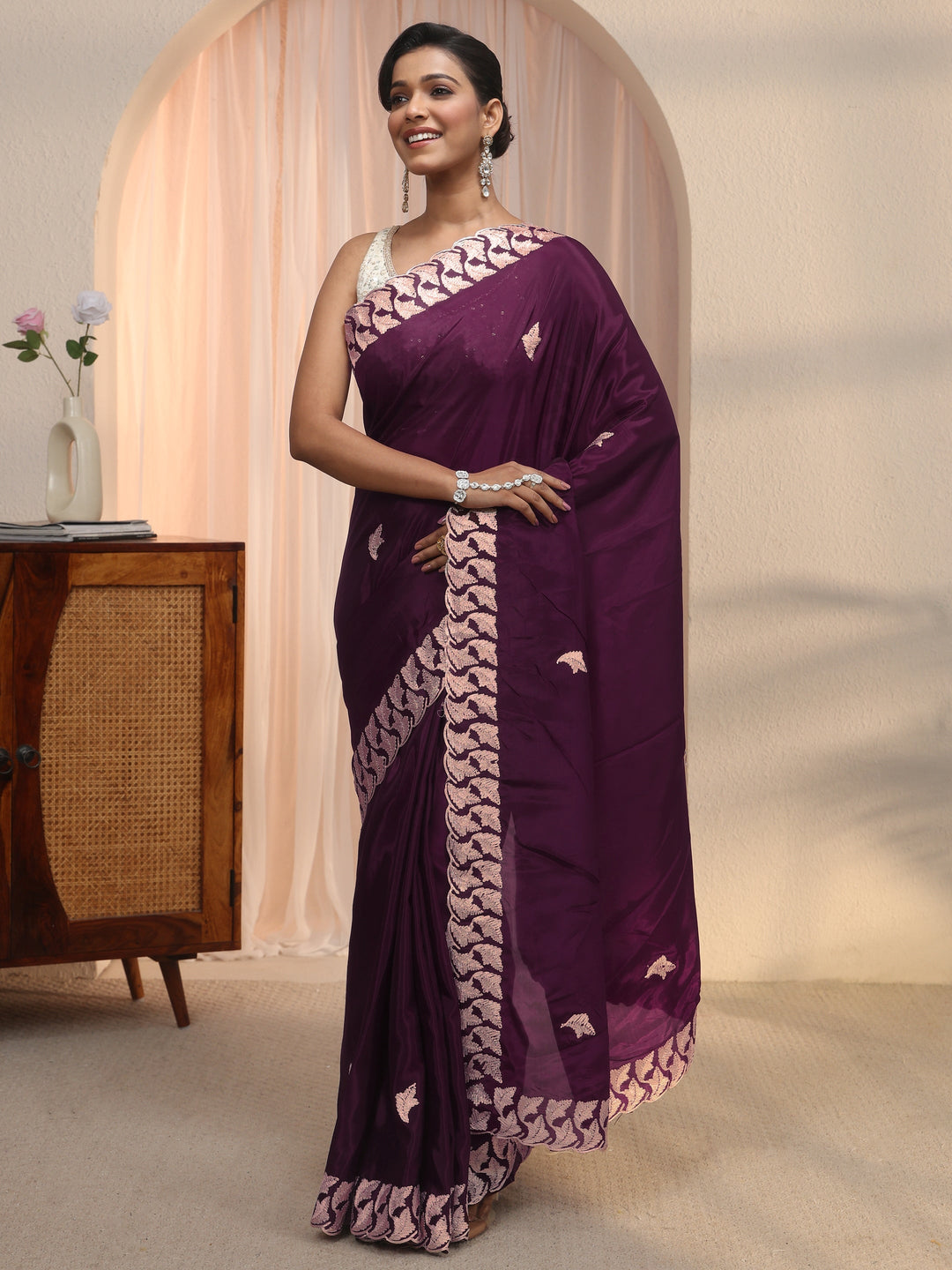 Libas Purple Embroidered Satin Saree