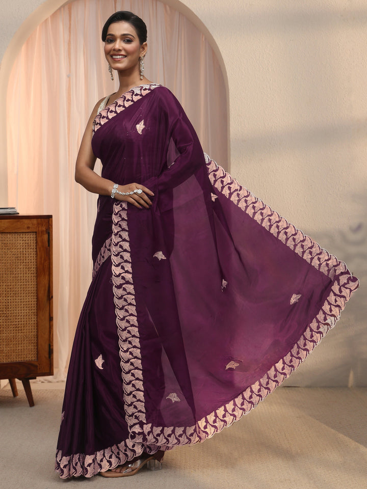 Libas Purple Embroidered Satin Saree