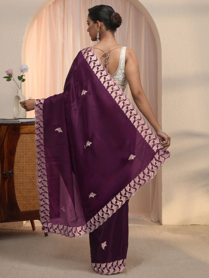Libas Purple Embroidered Satin Saree