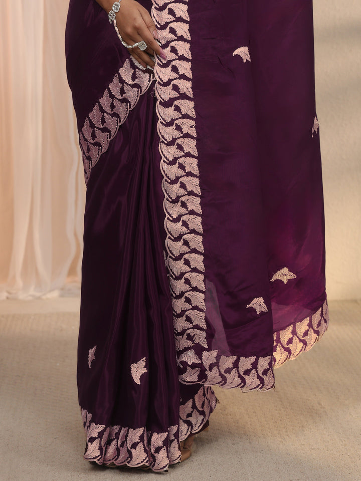 Libas Purple Embroidered Satin Saree