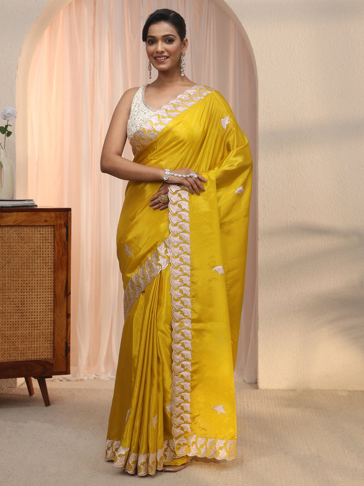 Libas Mustard Embroidered Satin Saree