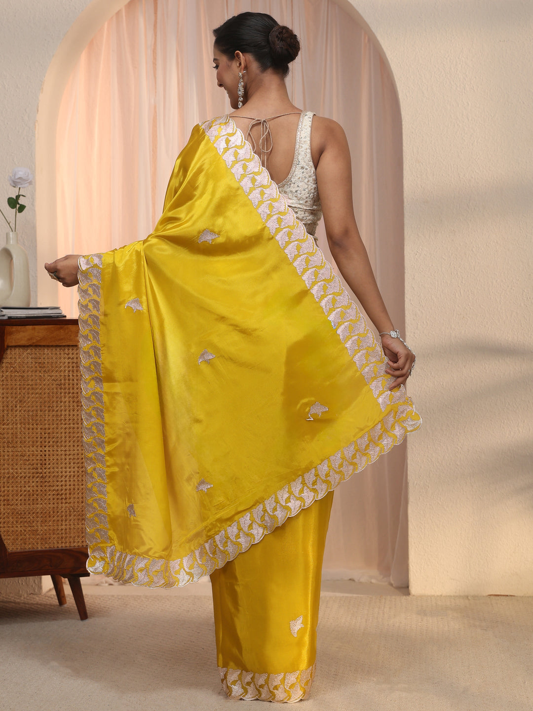Libas Mustard Embroidered Satin Saree