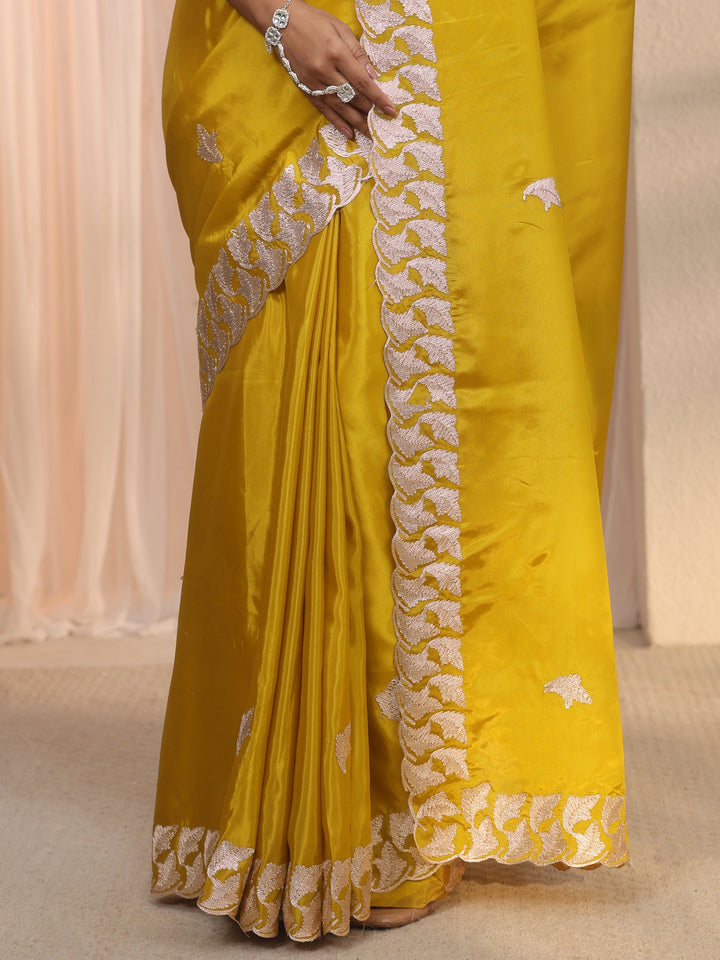 Libas Mustard Embroidered Satin Saree