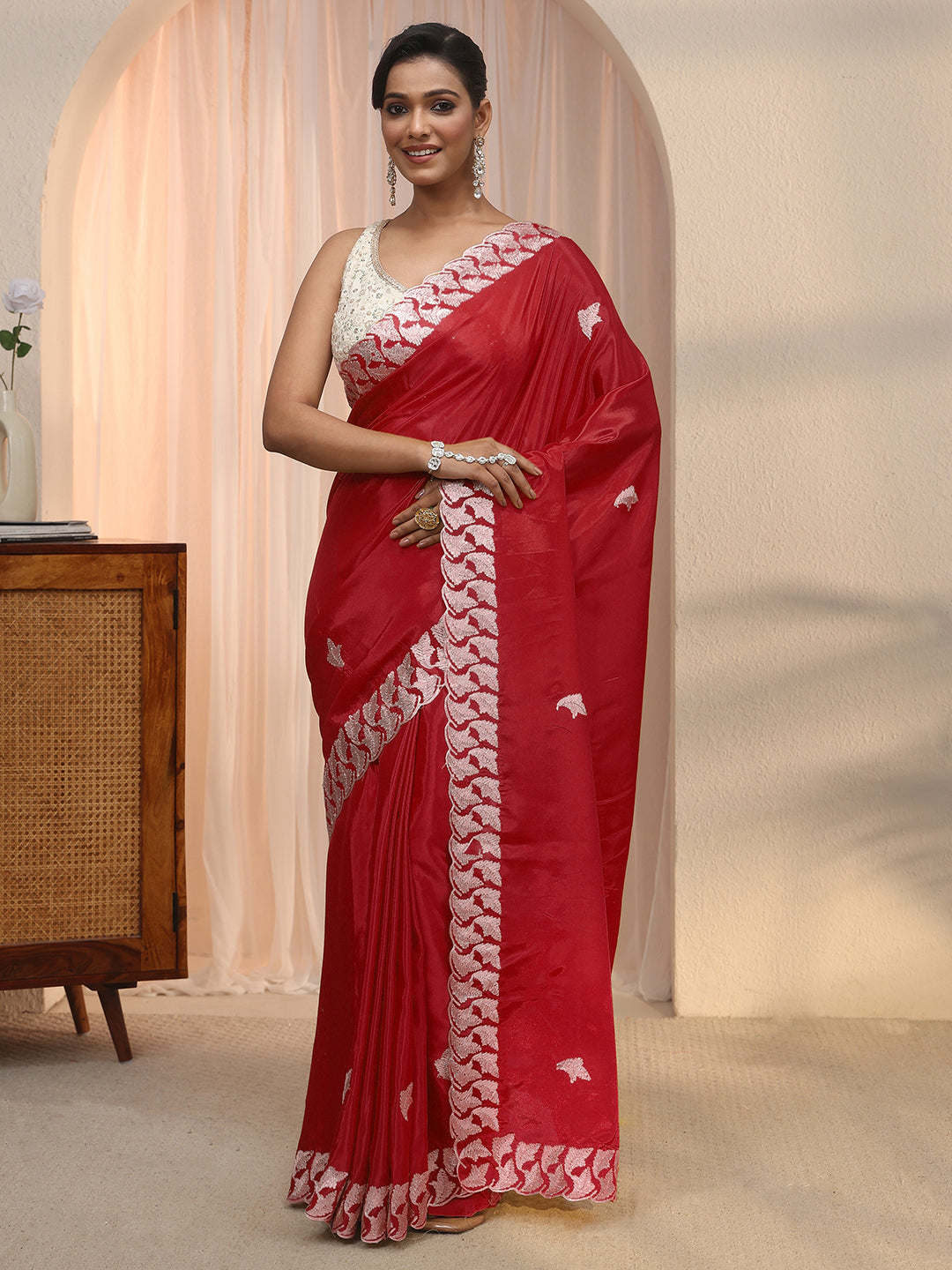 Libas Red Embroidered Satin Saree