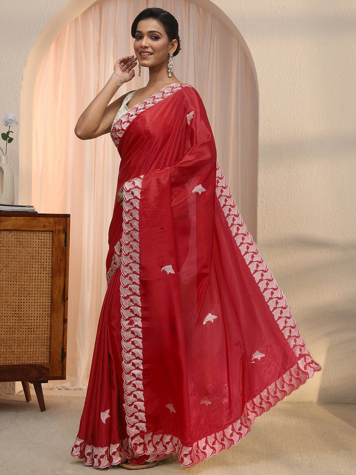 Libas Red Embroidered Satin Saree