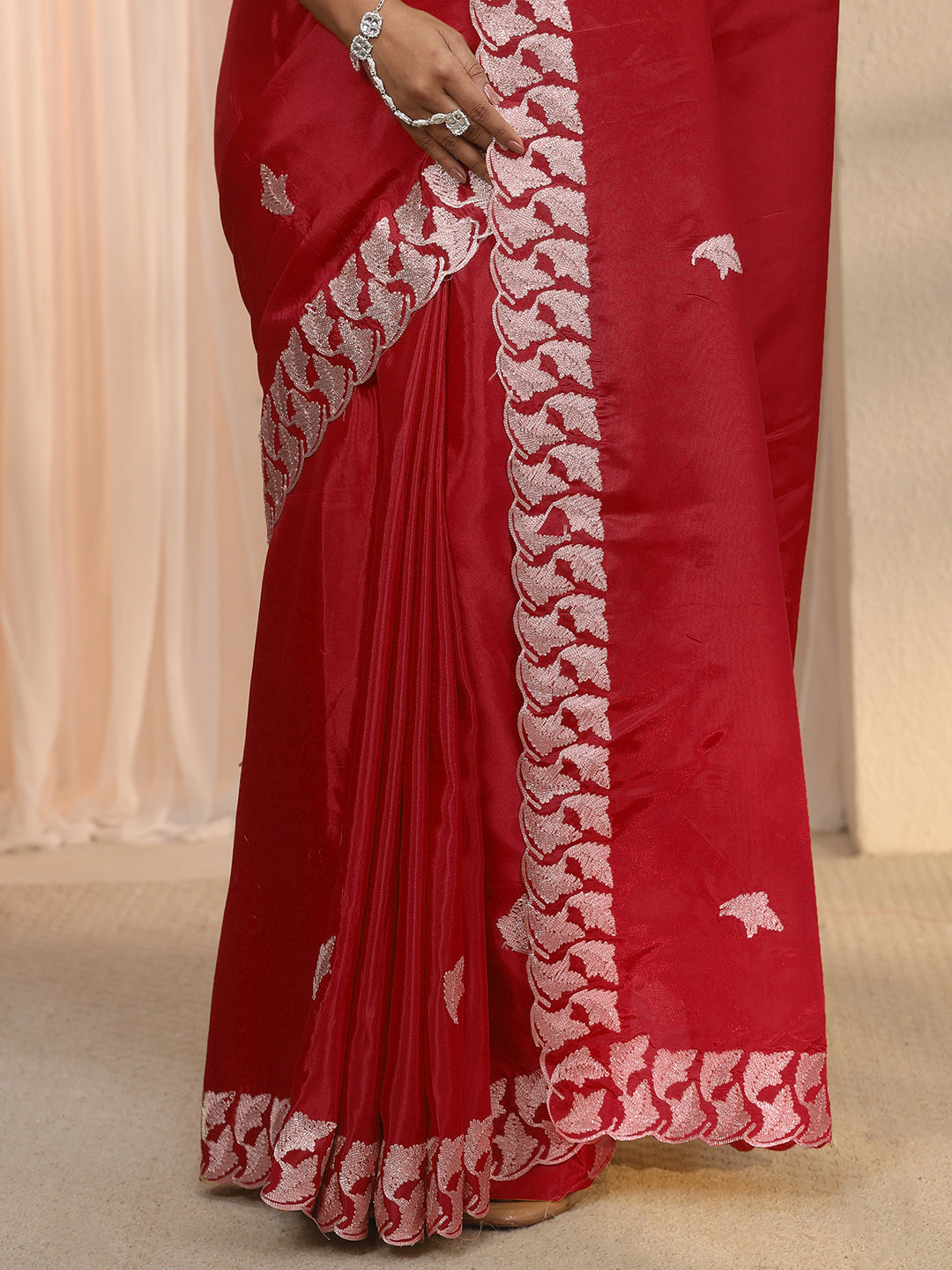 Libas Red Embroidered Satin Saree