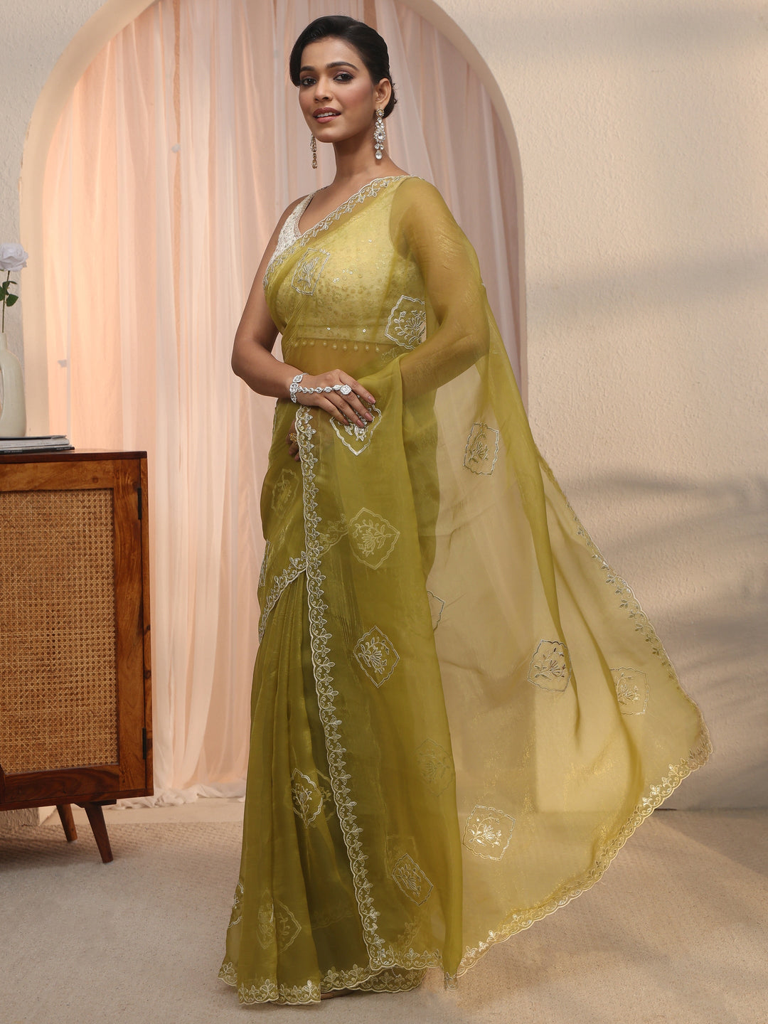 Libas Green Floral Embroidered Tissue Saree