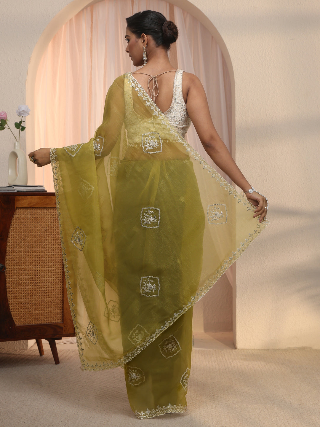 Libas Green Floral Embroidered Tissue Saree