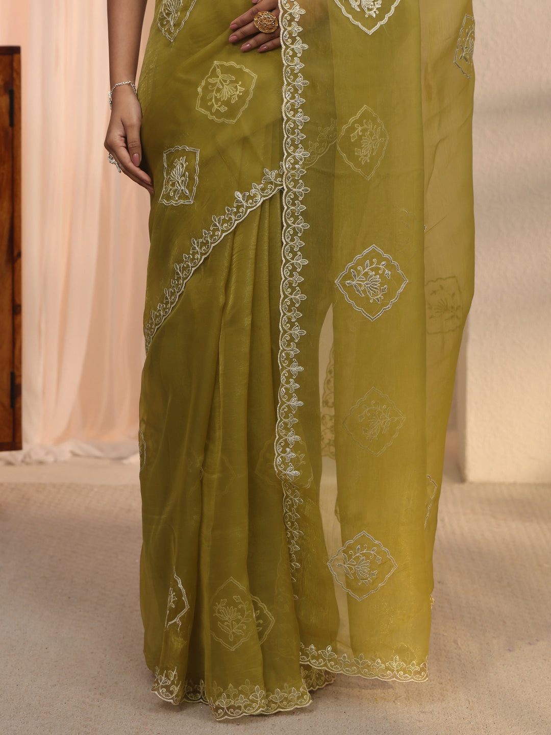 Libas Green Floral Embroidered Tissue Saree