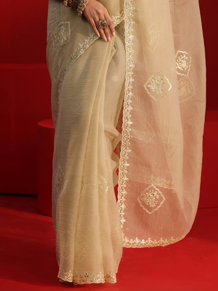 Libas Taupe Embroidered Tissue Saree