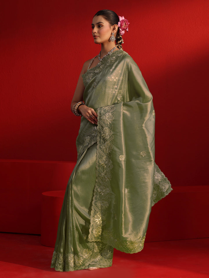 Libas Taupe Floral Embroidered Sequinned Tissue Saree