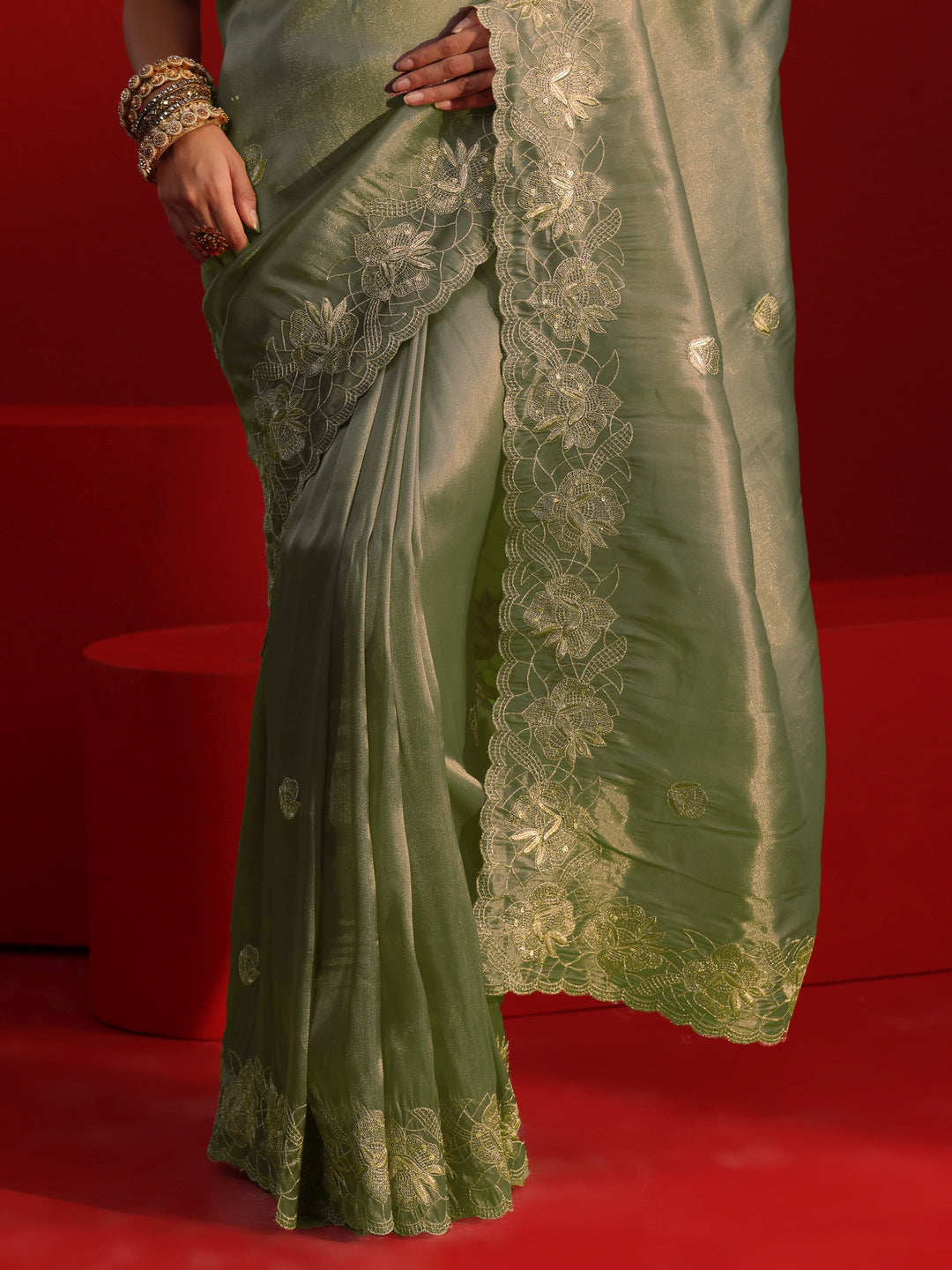 Libas Taupe Floral Embroidered Sequinned Tissue Saree