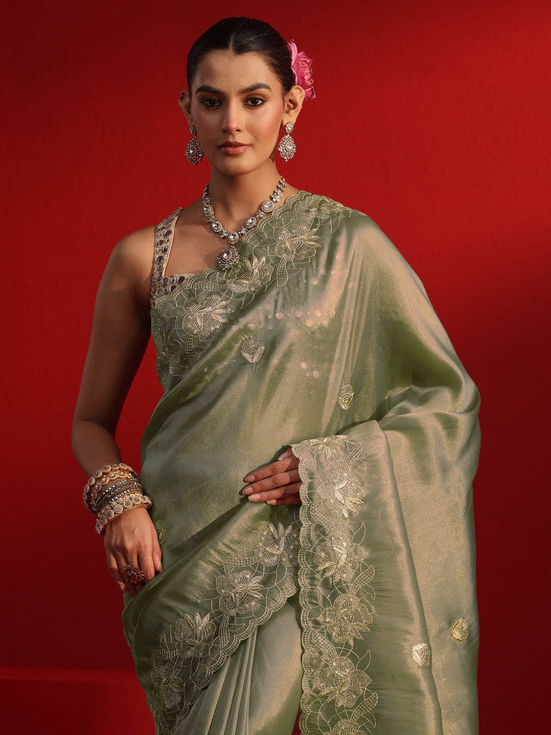 Libas Taupe Floral Embroidered Sequinned Tissue Saree