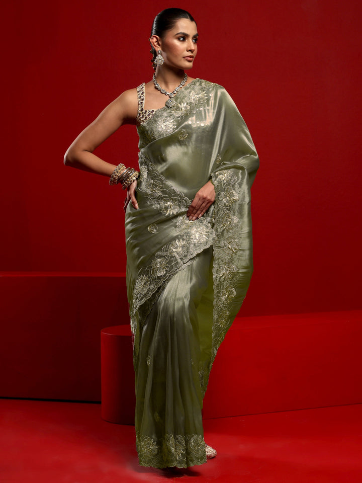 Libas Taupe Floral Embroidered Sequinned Tissue Saree