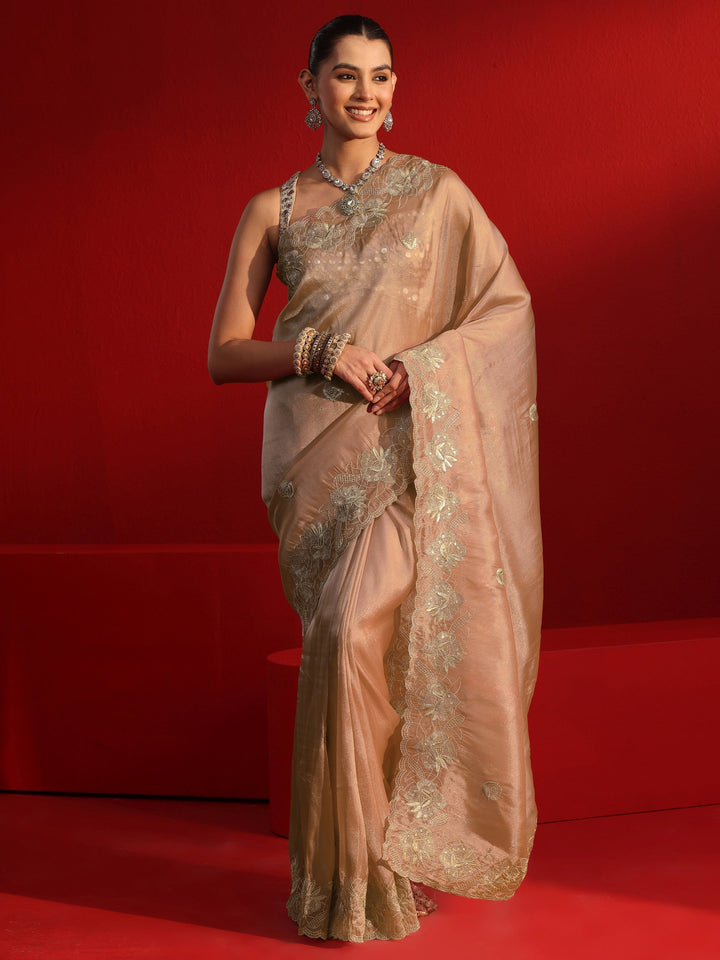 Libas Peach Floral Embroidered Sequinned Tissue Saree