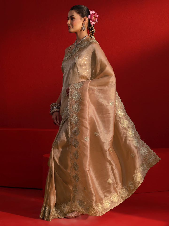Libas Peach Floral Embroidered Sequinned Tissue Saree