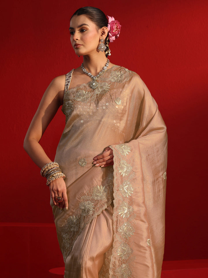 Libas Peach Floral Embroidered Sequinned Tissue Saree