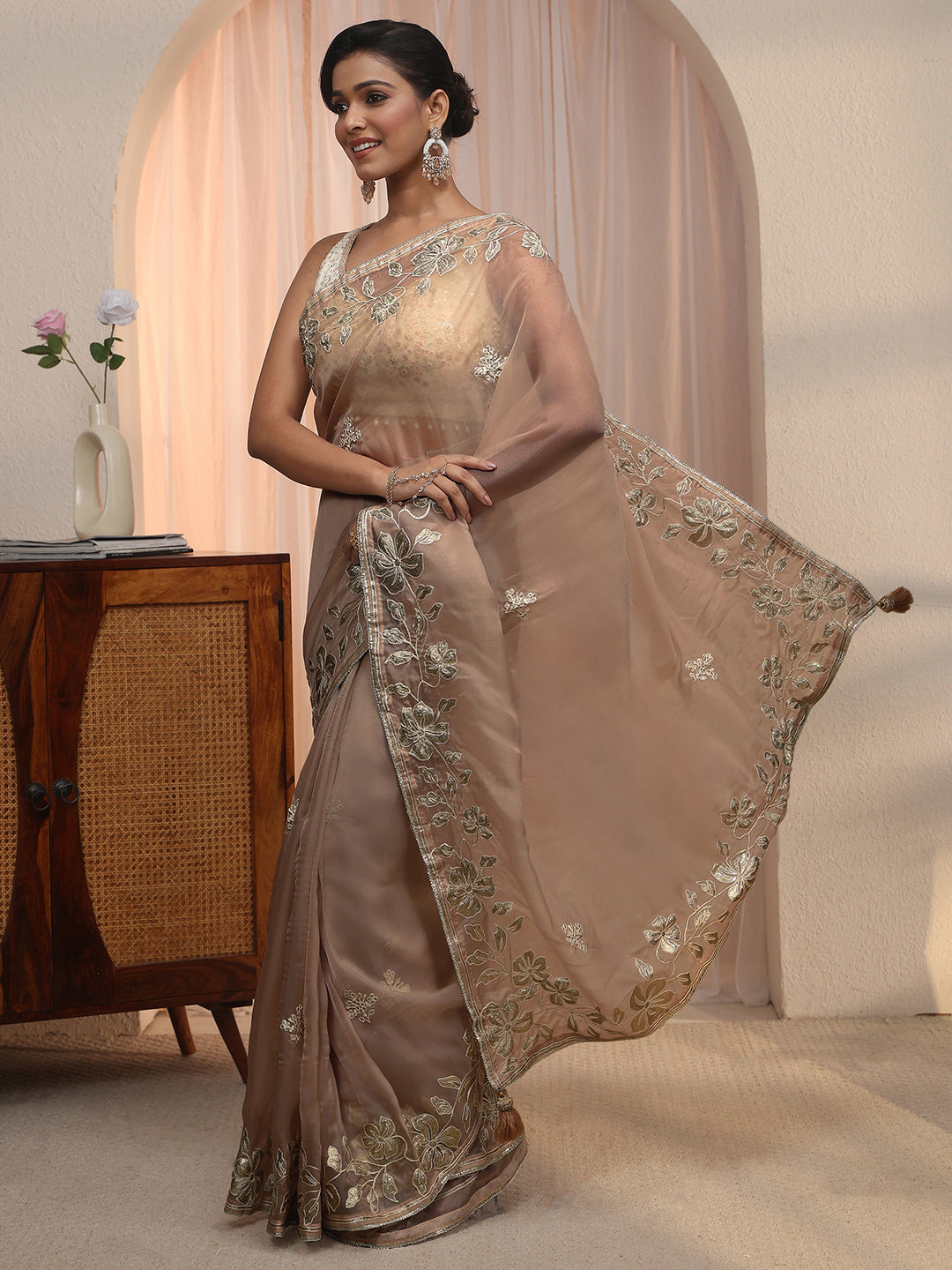 Libas Brown Floral Embroidered Tissue Saree