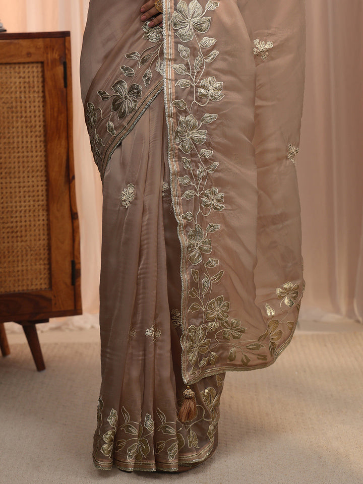 Libas Brown Floral Embroidered Tissue Saree