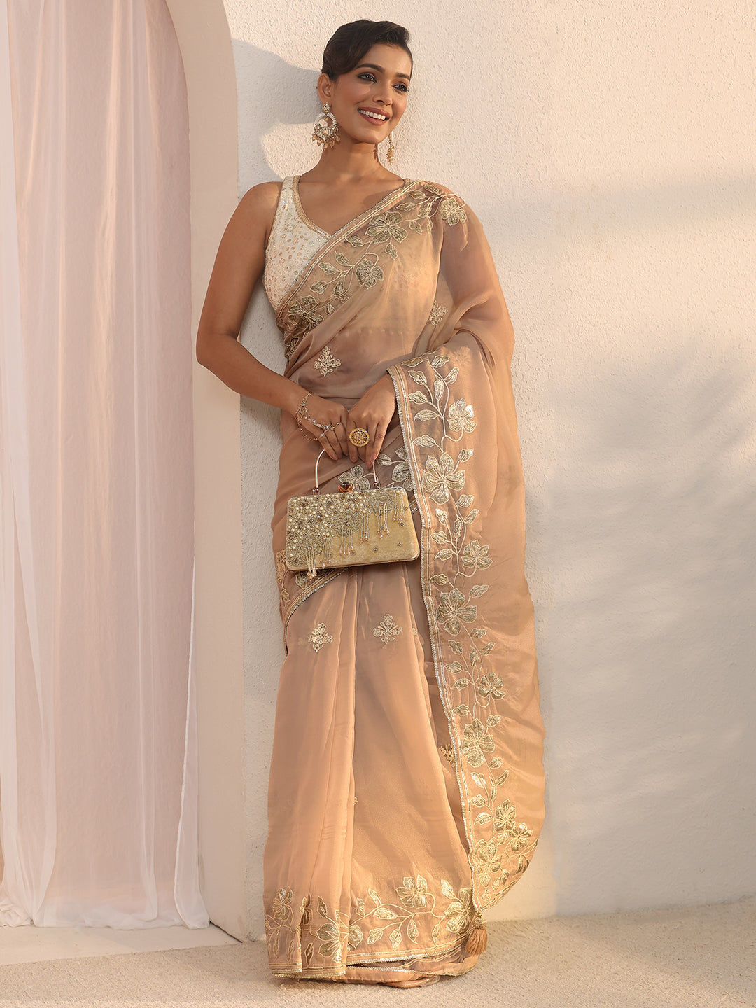 Libas Brown Floral Embroidered Tissue Saree