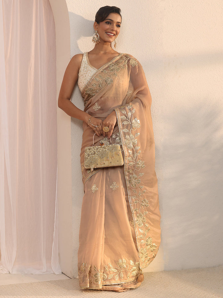Libas Brown Floral Embroidered Tissue Saree