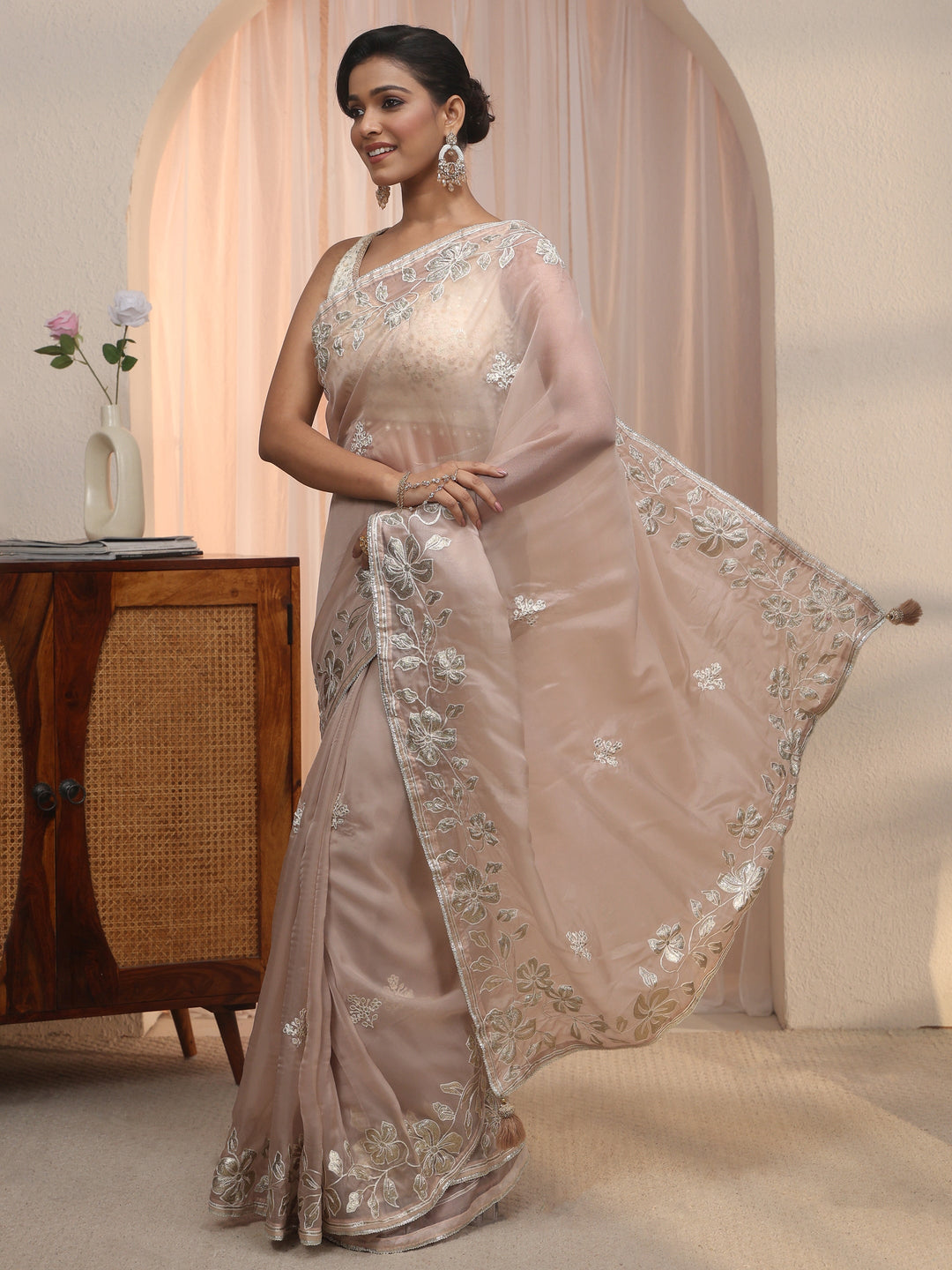 Libas Taupe Grey Floral Embroidered Tissue Saree