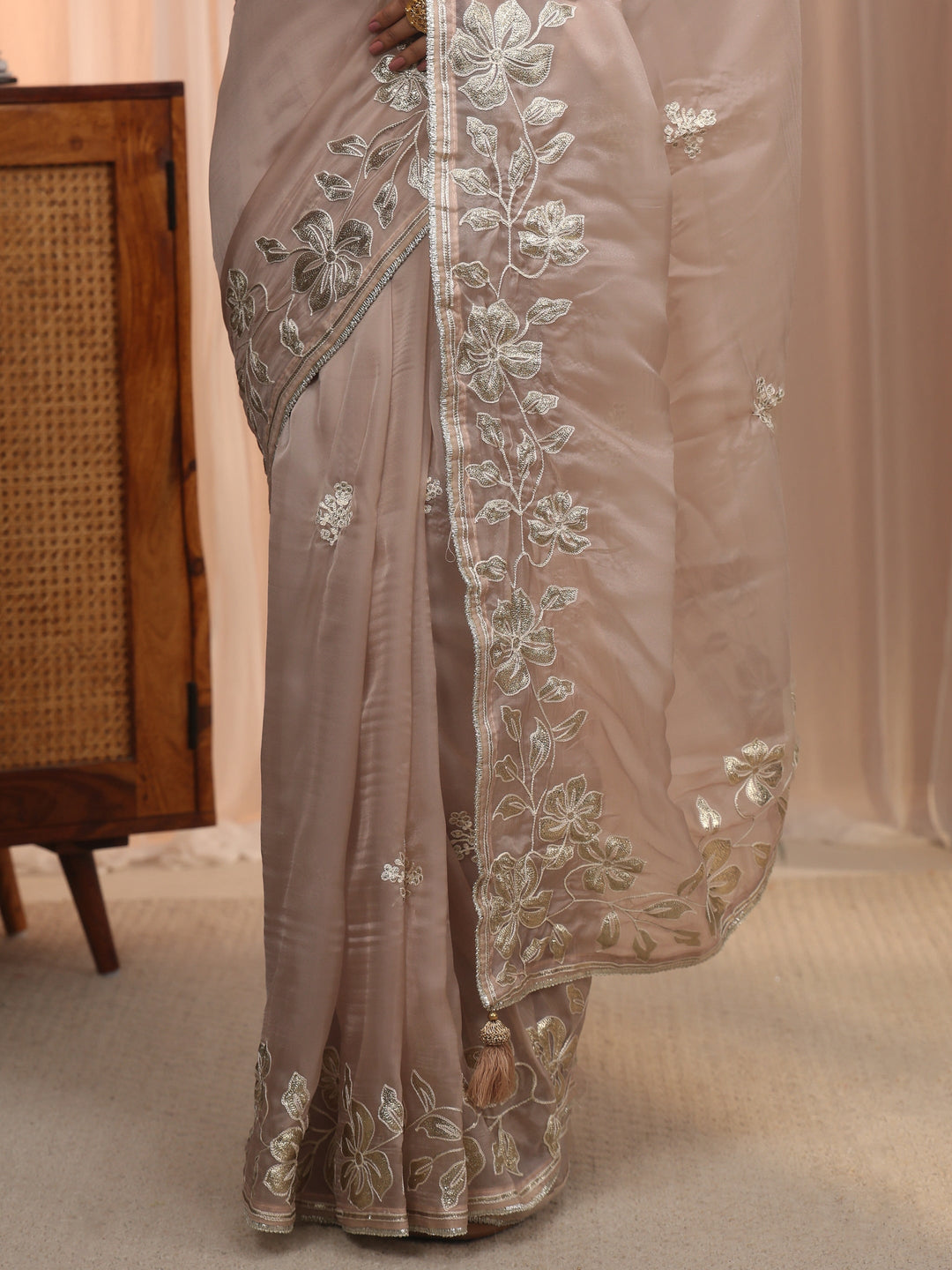 Libas Taupe Grey Floral Embroidered Tissue Saree