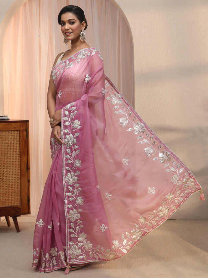 Libas Pink Floral Embroidered Tissue Saree