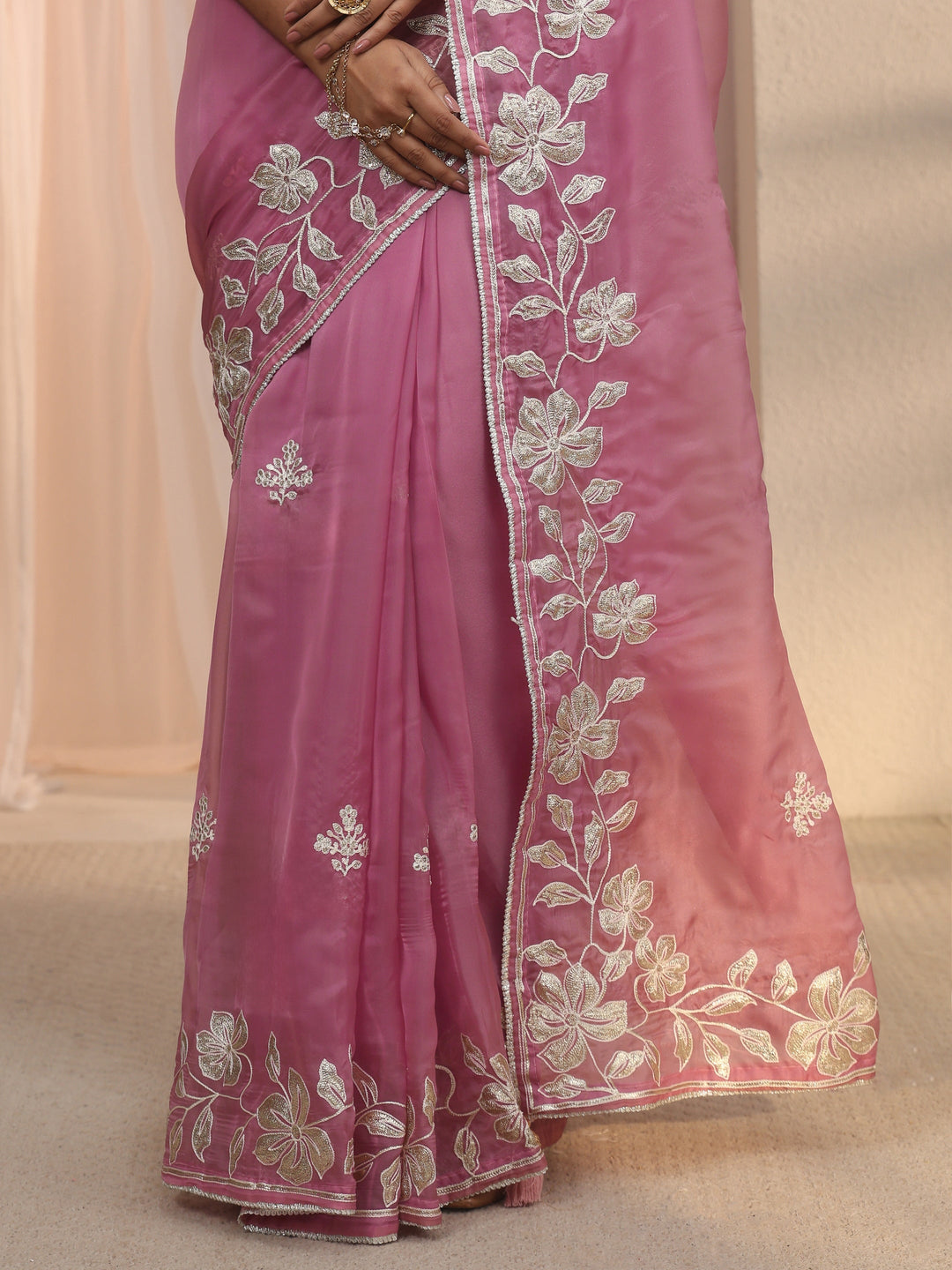 Libas Pink Floral Embroidered Tissue Saree