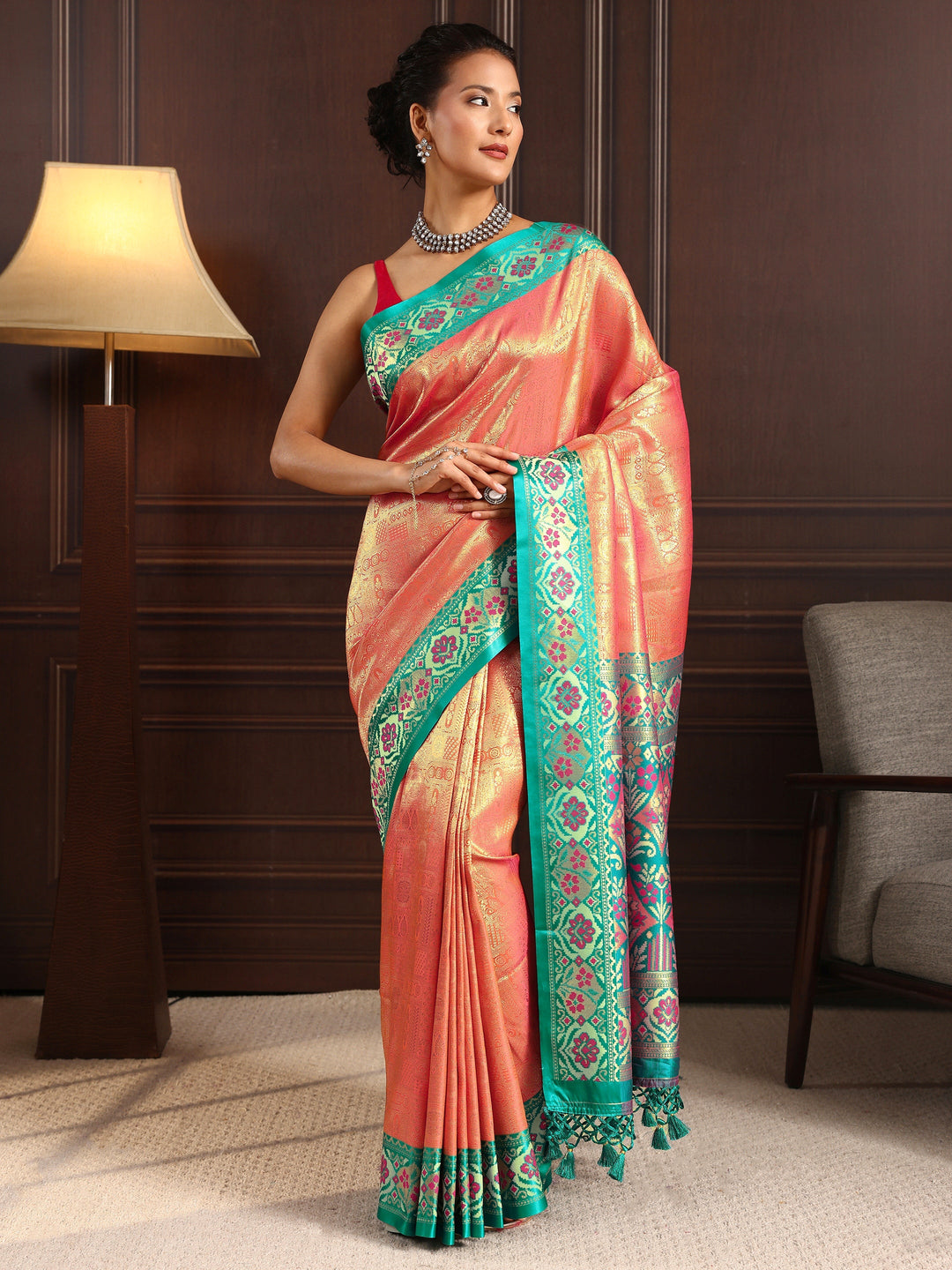 Libas Peach Ethnic Woven Design Silk Blend Tassel Saree