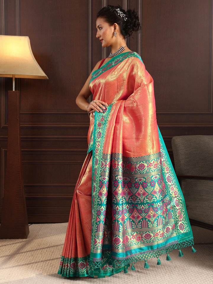 Libas Peach Ethnic Woven Design Silk Blend Tassel Saree