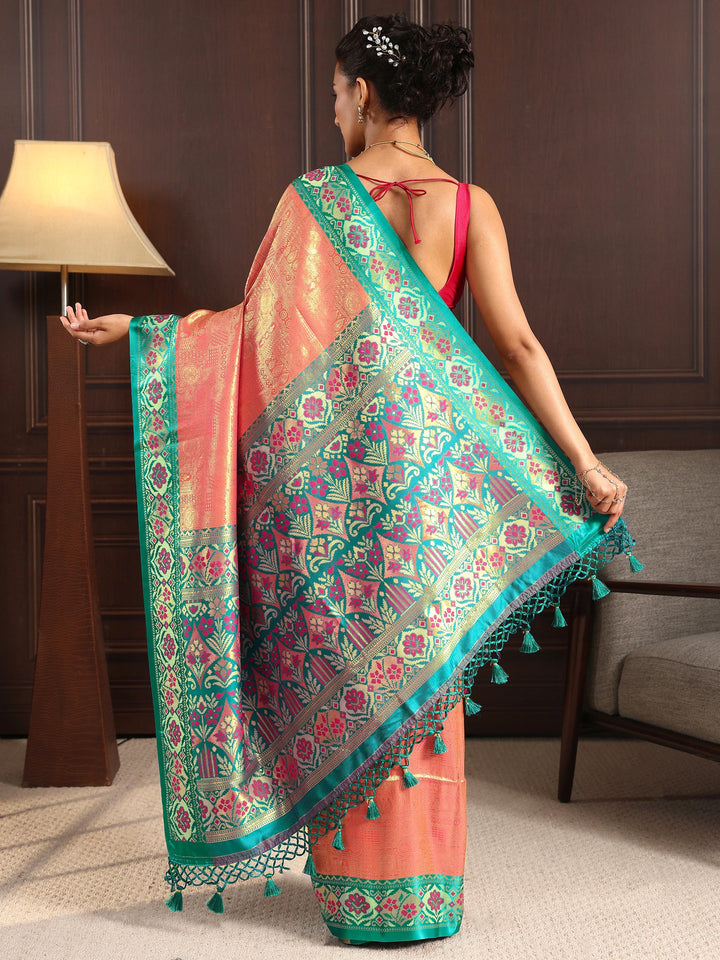 Libas Peach Ethnic Woven Design Silk Blend Tassel Saree