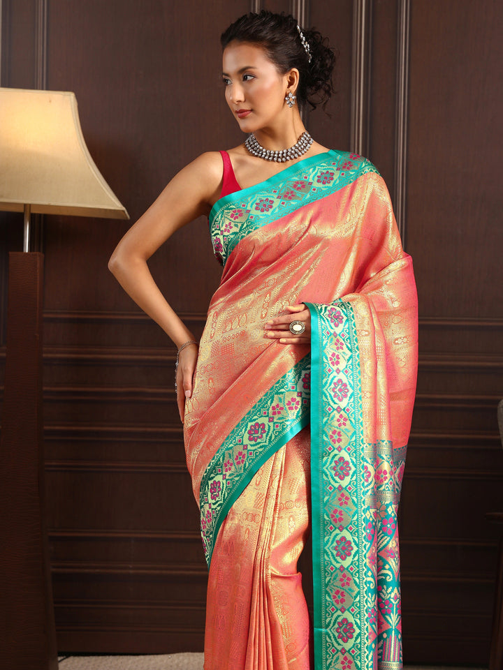 Libas Peach Ethnic Woven Design Silk Blend Tassel Saree