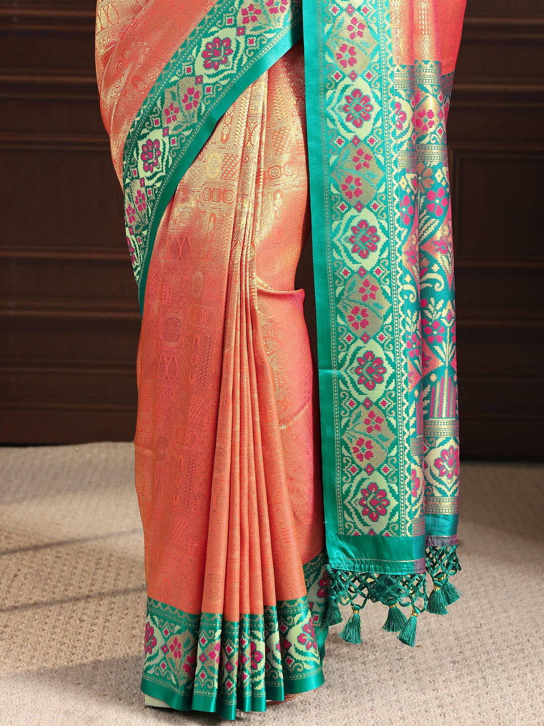 Libas Peach Ethnic Woven Design Silk Blend Tassel Saree