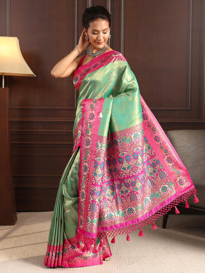 Libas Green Ethnic Woven Design Silk Blend Tassel Saree