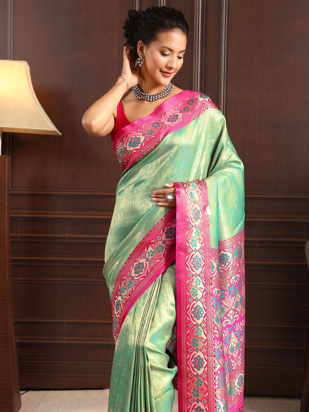 Libas Green Ethnic Woven Design Silk Blend Tassel Saree