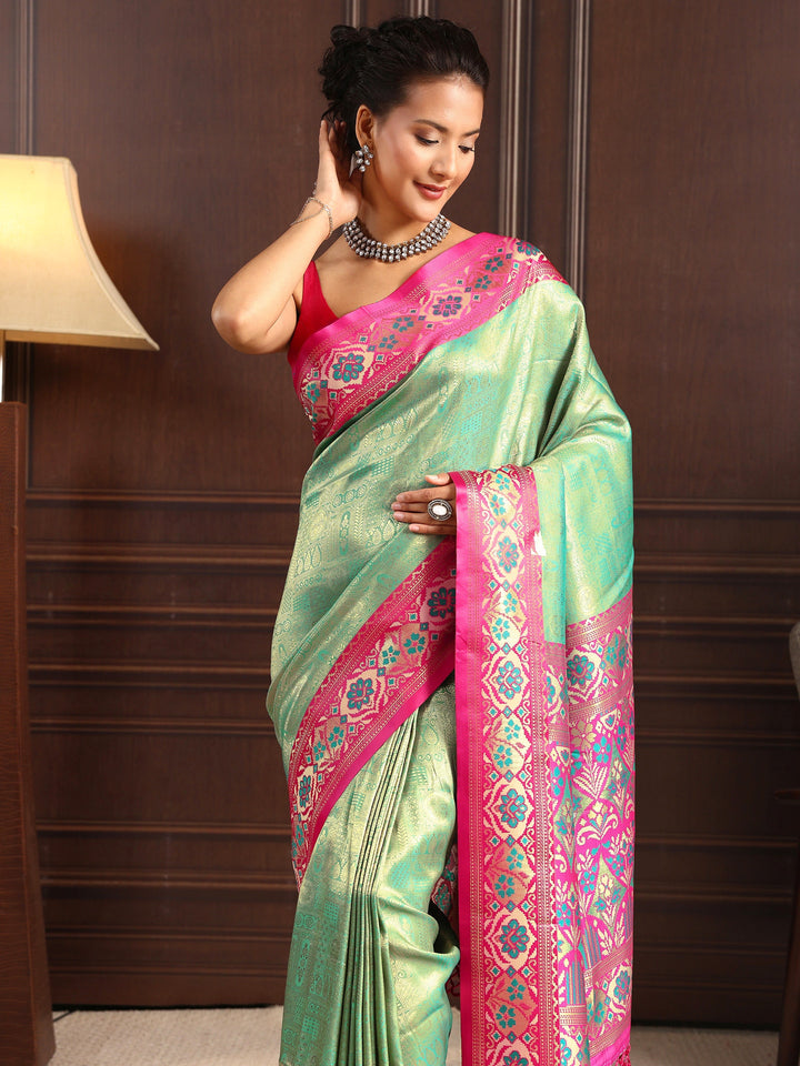 Libas Green Ethnic Woven Design Silk Blend Tassel Saree