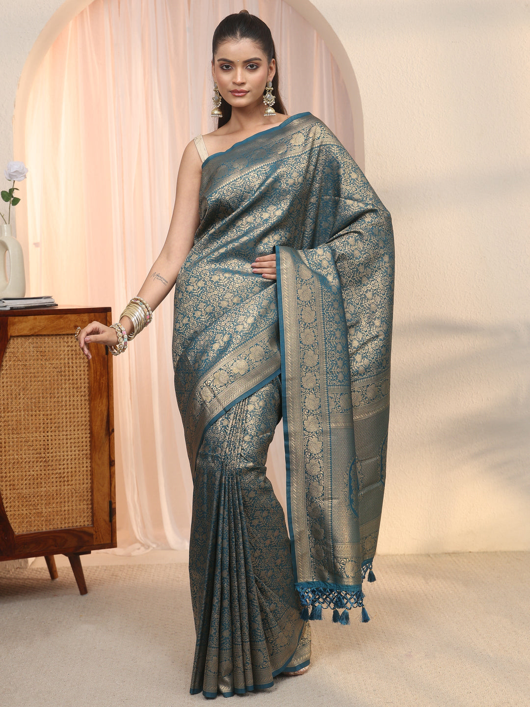 Libas Navy Blue Woven Design Silk Blend Saree
