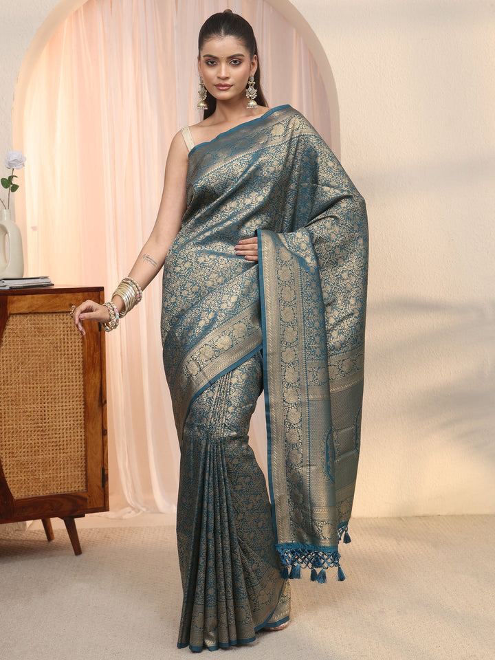 Libas Navy Blue Woven Design Silk Blend Saree