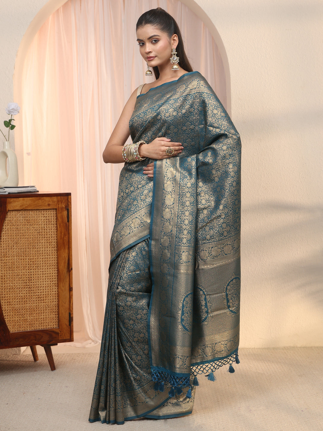 Libas Navy Blue Woven Design Silk Blend Saree