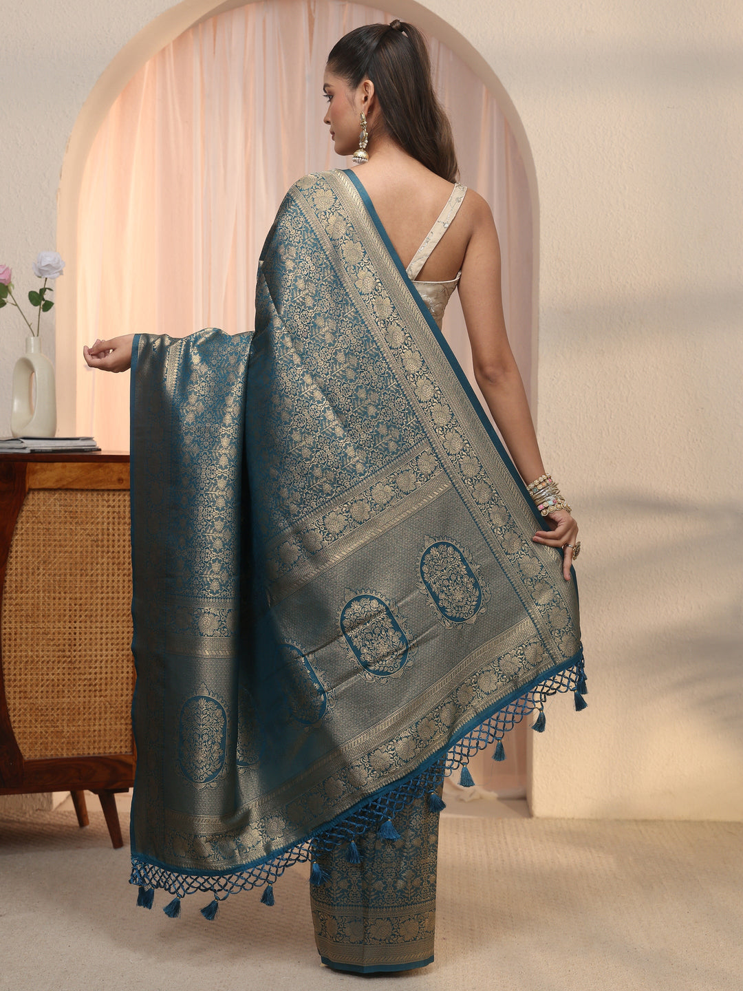 Libas Navy Blue Woven Design Silk Blend Saree