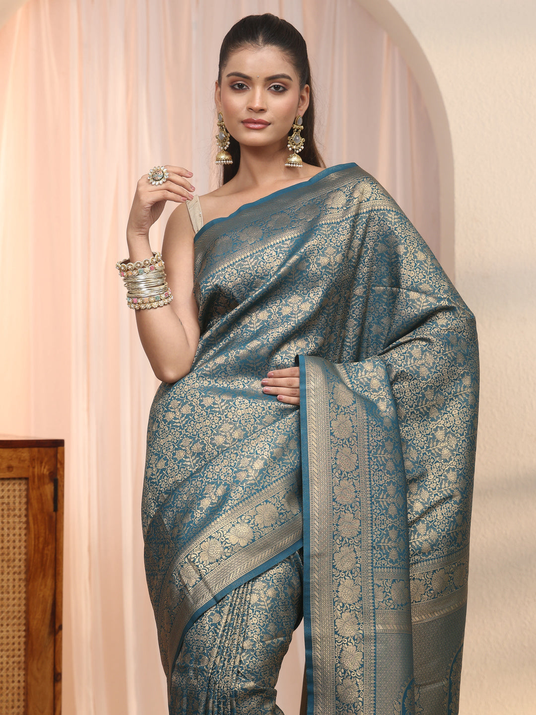 Libas Navy Blue Woven Design Silk Blend Saree