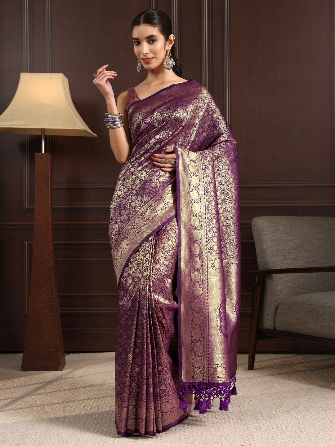 Libas Purple Ethnic Woven Design Silk Blend Tassel Saree