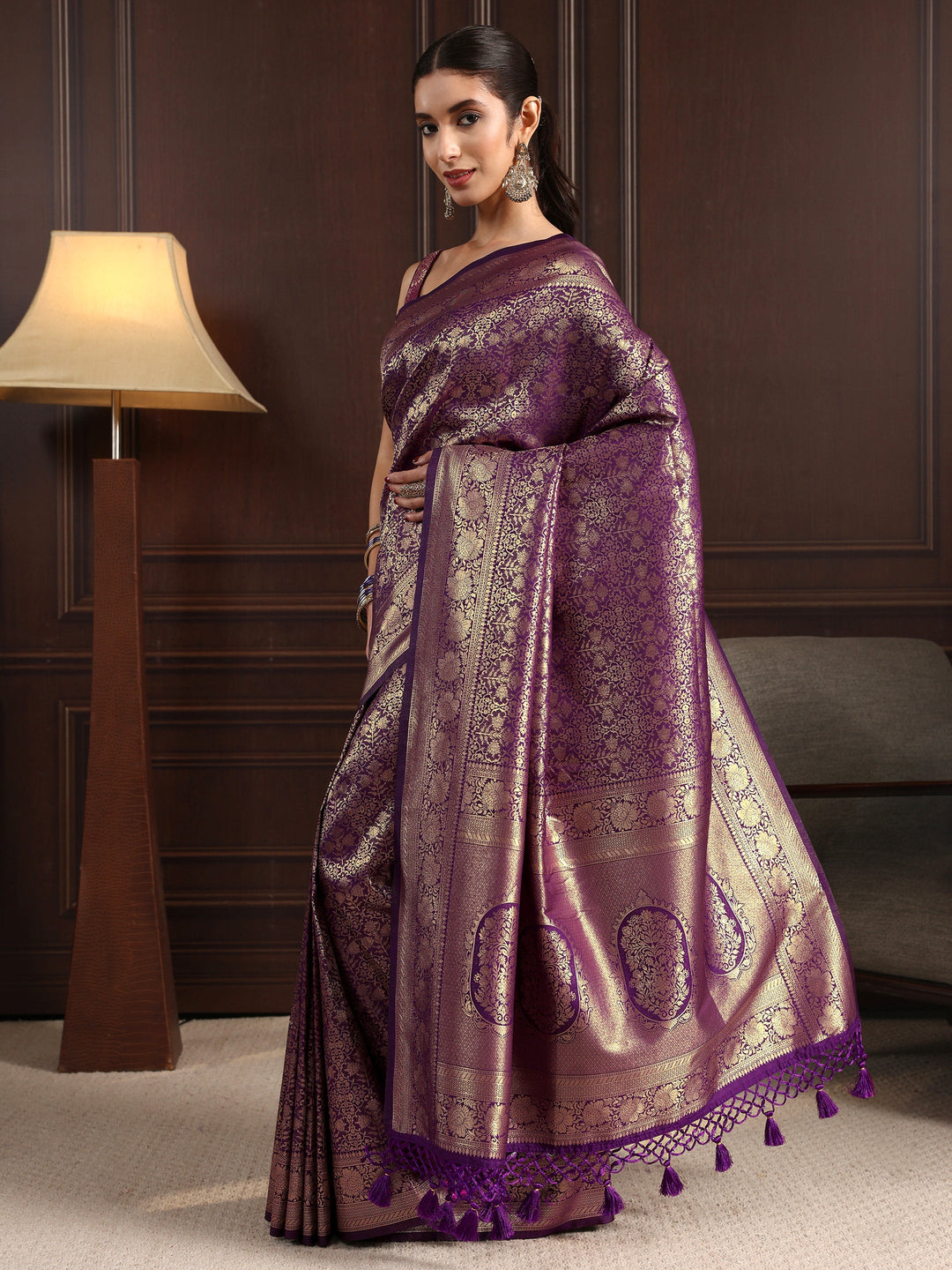Libas Purple Ethnic Woven Design Silk Blend Tassel Saree