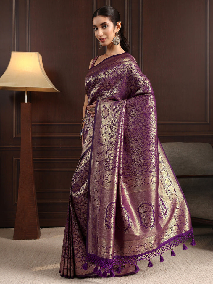 Libas Purple Ethnic Woven Design Silk Blend Tassel Saree