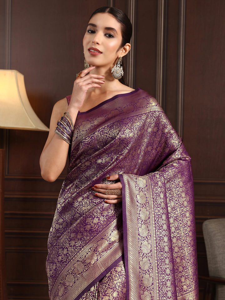 Libas Purple Ethnic Woven Design Silk Blend Tassel Saree